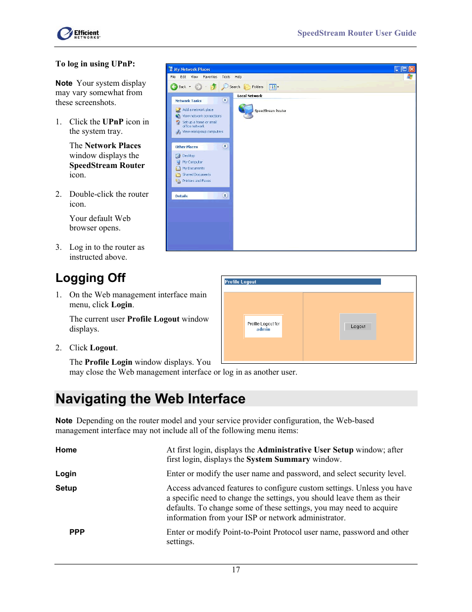 Logging off, Navigating the web interface | Efficient Networks 5100 User Manual | Page 27 / 129