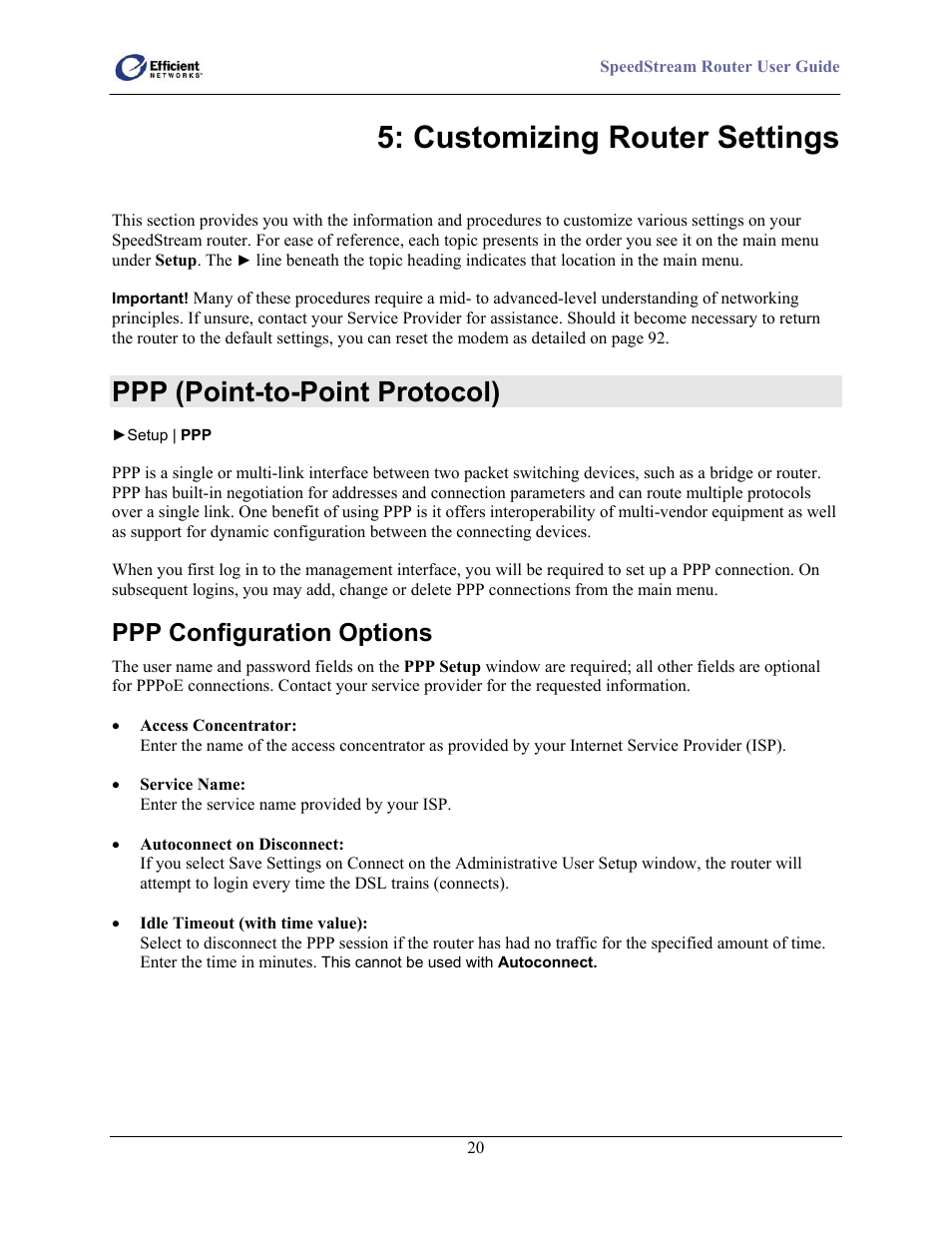 Ppp (point-to-point protocol), Ppp configuration options, Customizing router settings | Efficient Networks 5100 User Manual | Page 30 / 129