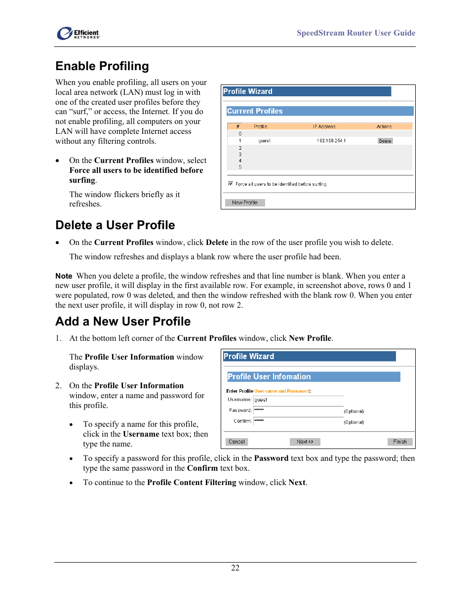Enable profiling, Delete a user profile, Add a new user profile | Efficient Networks 5100 User Manual | Page 32 / 129