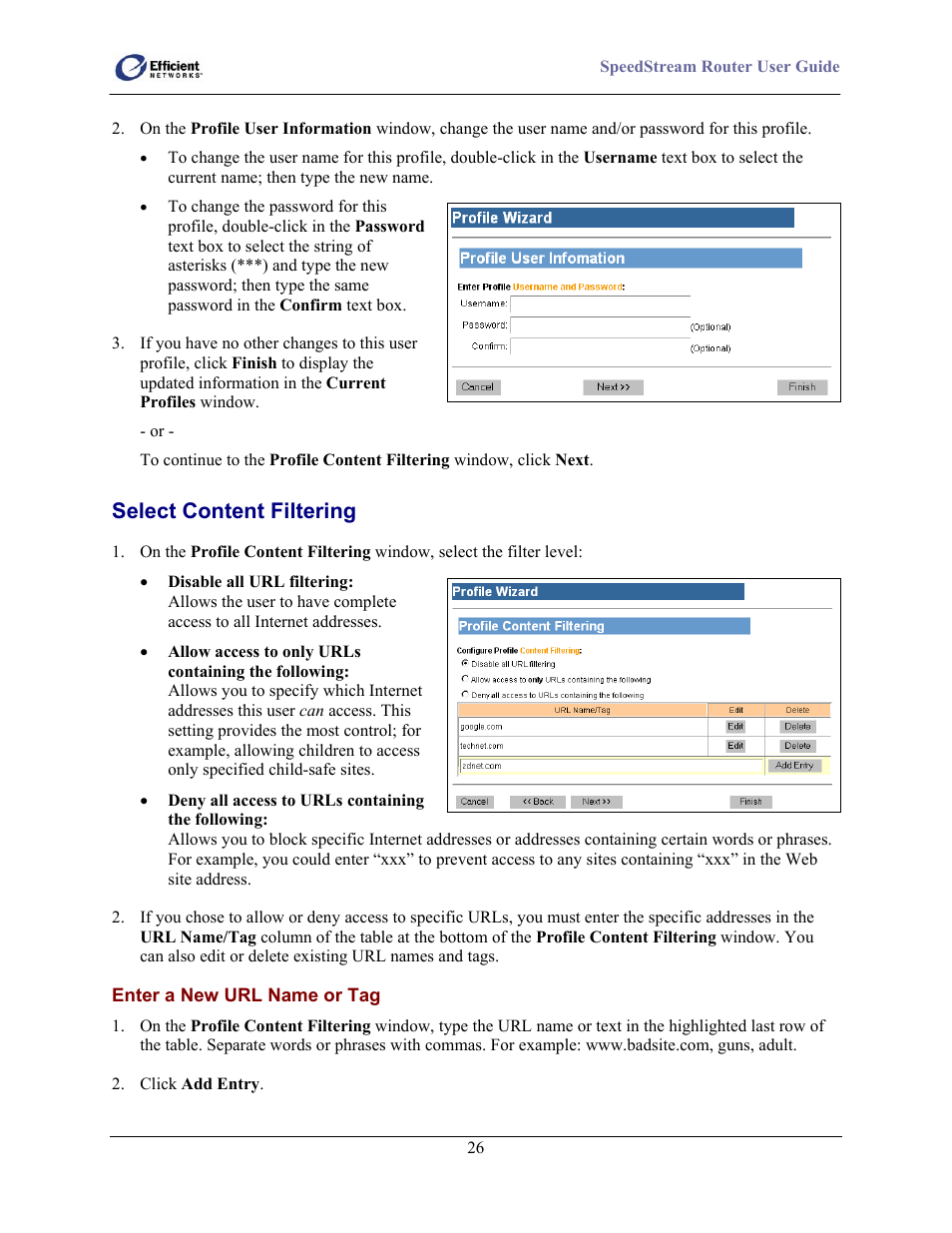 Enter a new url name or tag, Select content filtering | Efficient Networks 5100 User Manual | Page 36 / 129