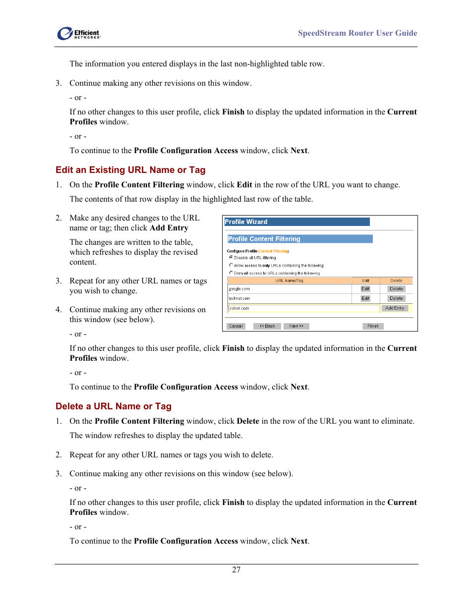 Edit an existing url name or tag, Delete a url name or tag | Efficient Networks 5100 User Manual | Page 37 / 129