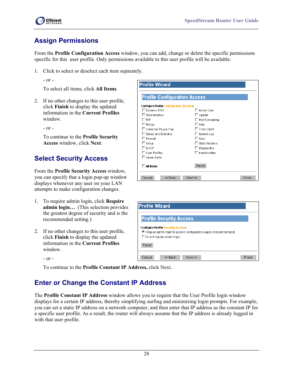 Assign permissions, Select security access, Enter or change the constant ip address | Efficient Networks 5100 User Manual | Page 38 / 129