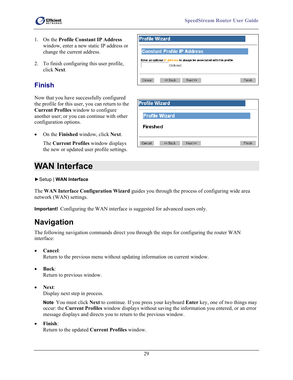 Wan interface, Navigation, Finish | Efficient Networks 5100 User Manual | Page 39 / 129
