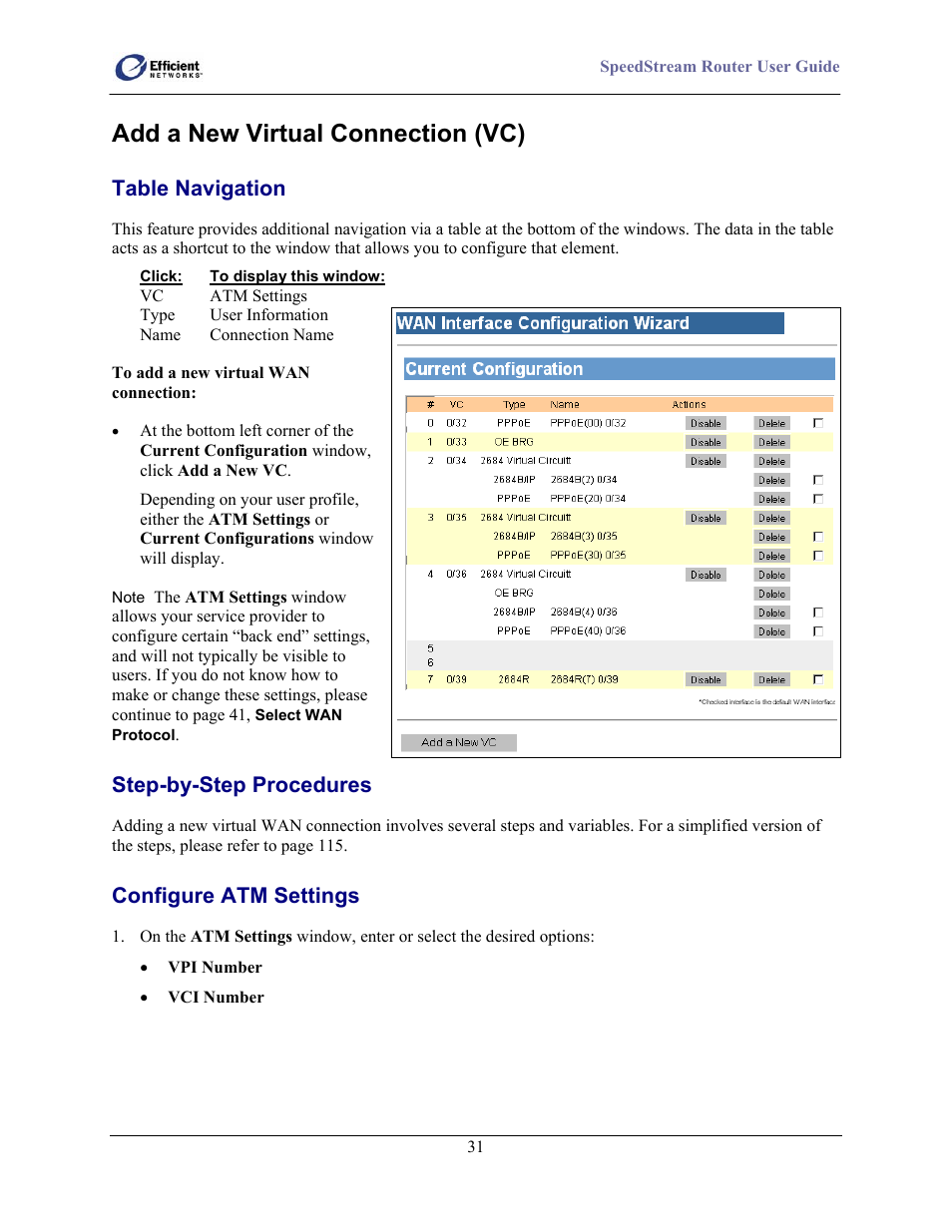 Add a new virtual connection (vc), Table navigation, Step-by-step procedures | Configure atm settings | Efficient Networks 5100 User Manual | Page 41 / 129