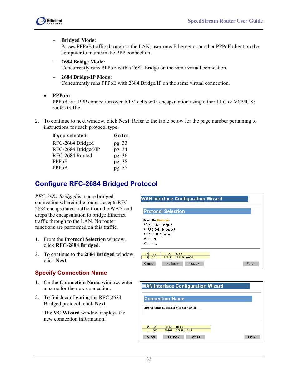 Specify connection name, Configure rfc-2684 bridged protocol | Efficient Networks 5100 User Manual | Page 43 / 129