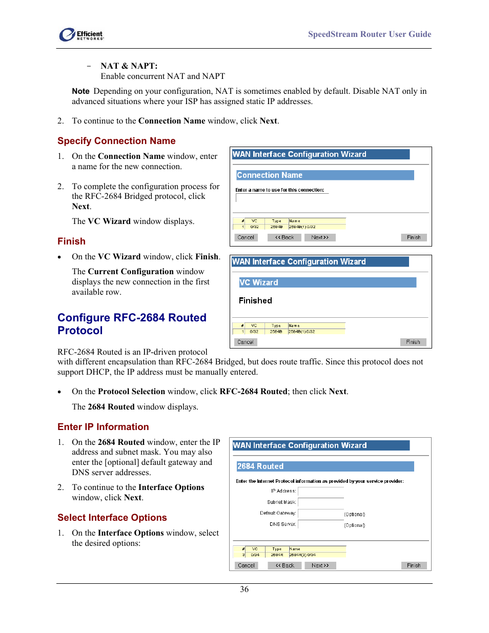 Specify connection name, Finish, Enter ip information | Select interface options, Configure rfc-2684 routed protocol | Efficient Networks 5100 User Manual | Page 46 / 129