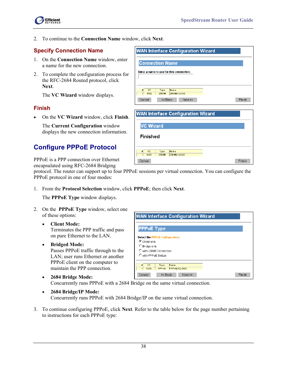 Specify connection name, Finish, Configure pppoe protocol | Efficient Networks 5100 User Manual | Page 48 / 129