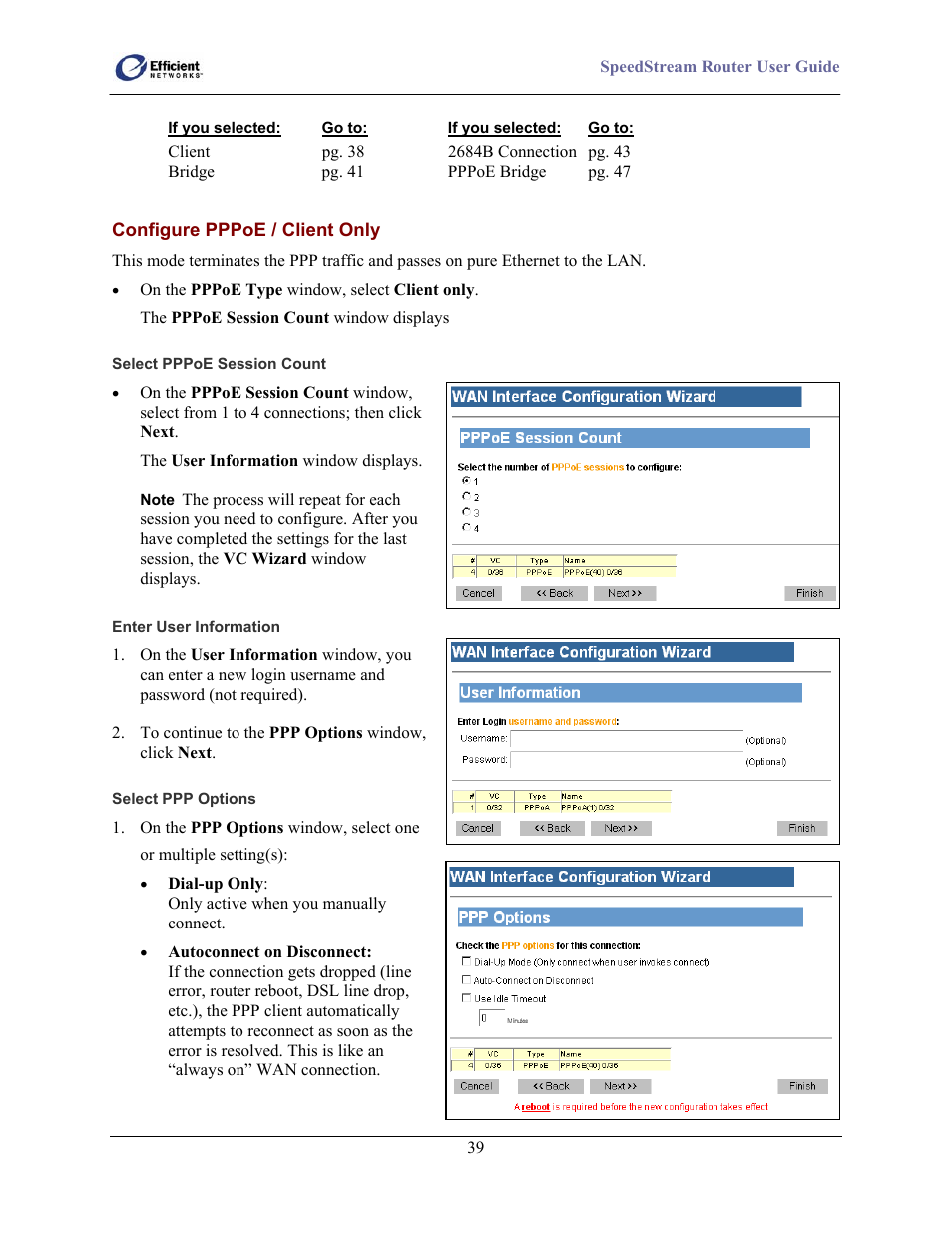 Configure pppoe / client only, Select pppoe session count, Enter user information | Select ppp options | Efficient Networks 5100 User Manual | Page 49 / 129