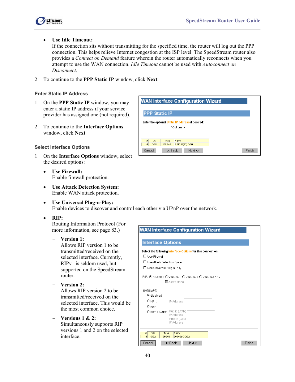Enter static ip address, Select interface options | Efficient Networks 5100 User Manual | Page 50 / 129