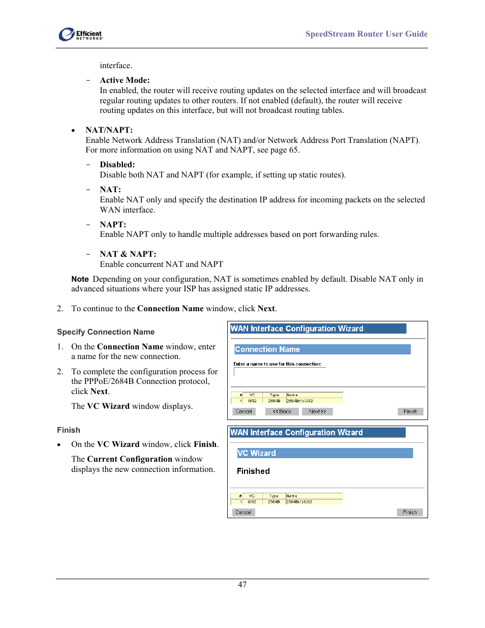 Specify connection name, Finish | Efficient Networks 5100 User Manual | Page 57 / 129