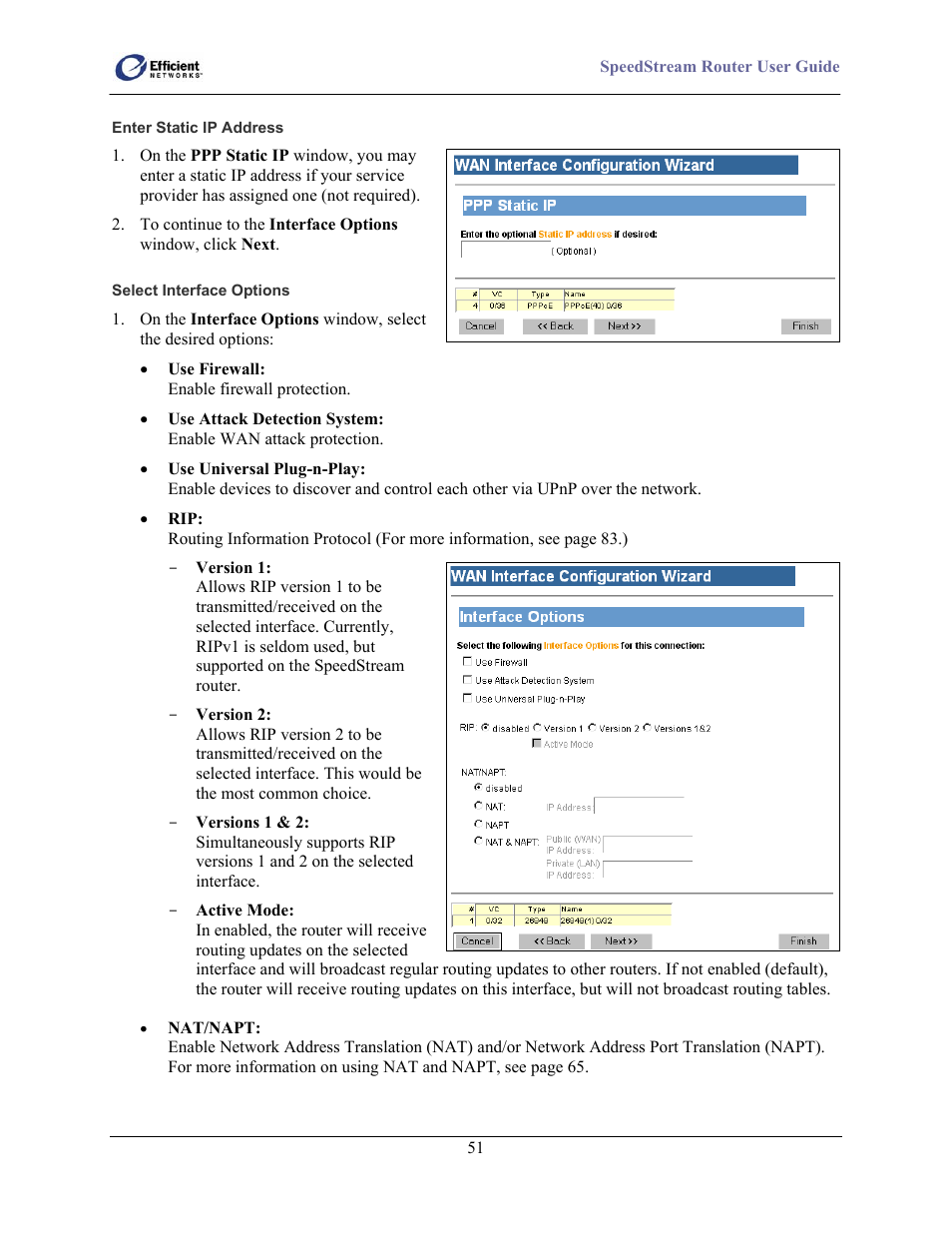 Enter static ip address, Select interface options | Efficient Networks 5100 User Manual | Page 61 / 129