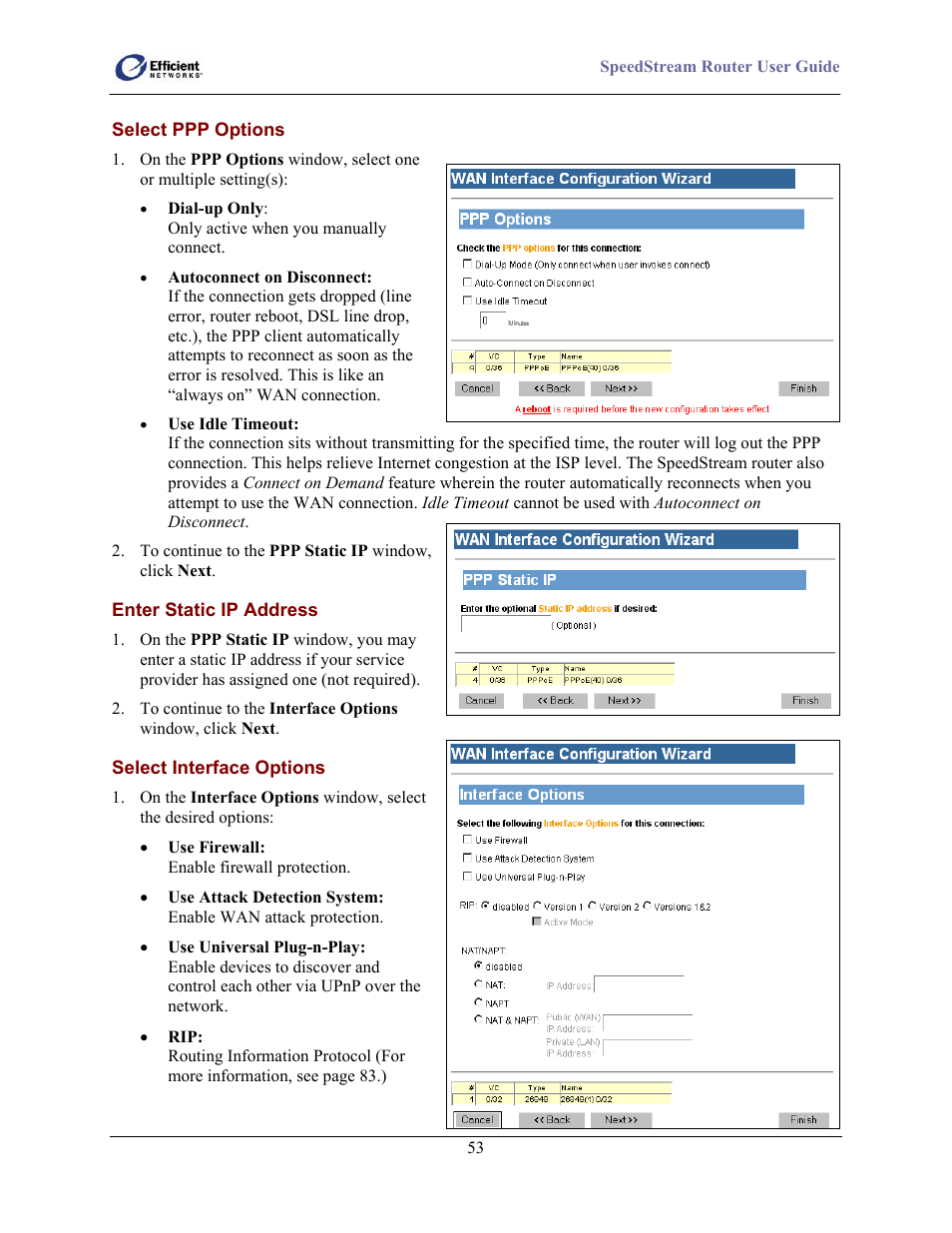 Select ppp options, Enter static ip address, Select interface options | Efficient Networks 5100 User Manual | Page 63 / 129