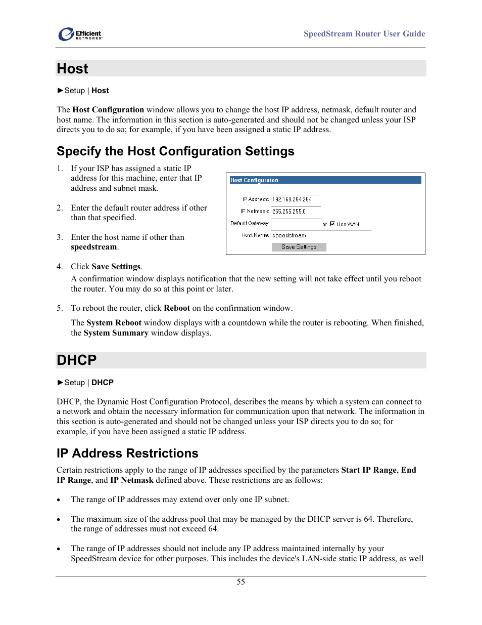 Host, Specify the host configuration settings, Dhcp | Ip address restrictions | Efficient Networks 5100 User Manual | Page 65 / 129