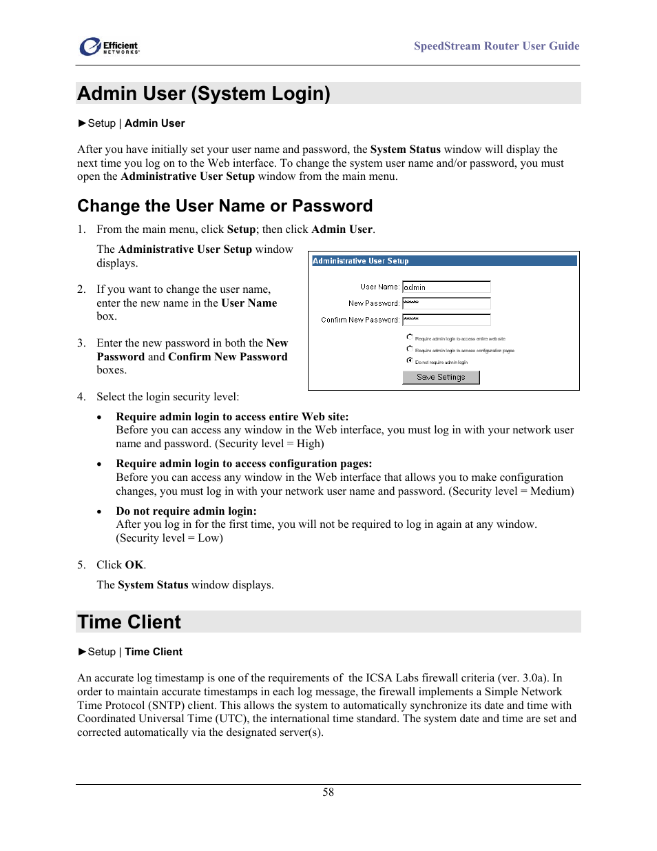 Admin user (system login), Change the user name or password, Time client | Efficient Networks 5100 User Manual | Page 68 / 129