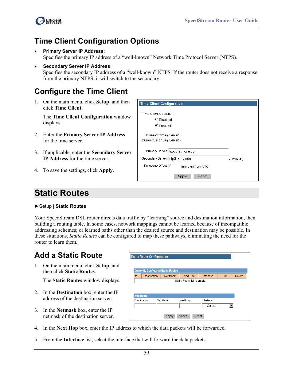 Time client configuration options, Configure the time client, Static routes | Add a static route | Efficient Networks 5100 User Manual | Page 69 / 129