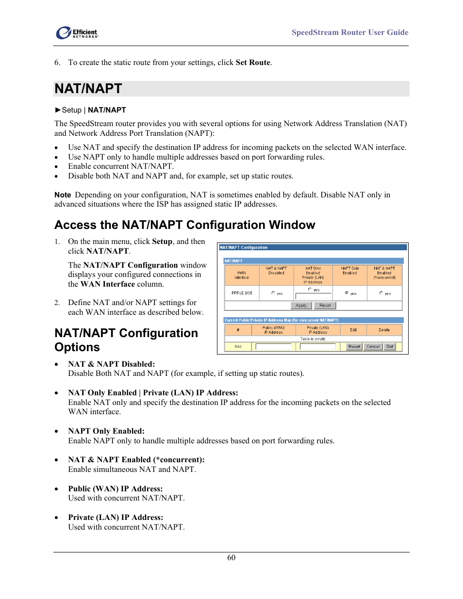 Nat/napt, Access the nat/napt configuration window, Nat/napt configuration options | Efficient Networks 5100 User Manual | Page 70 / 129