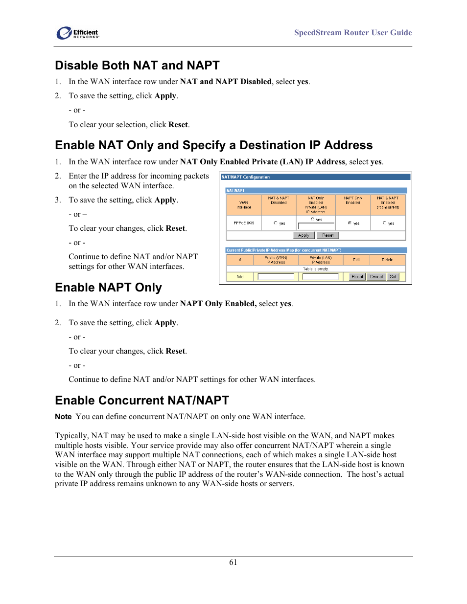 Disable both nat and napt, Enable napt only, Enable concurrent nat/napt | Efficient Networks 5100 User Manual | Page 71 / 129