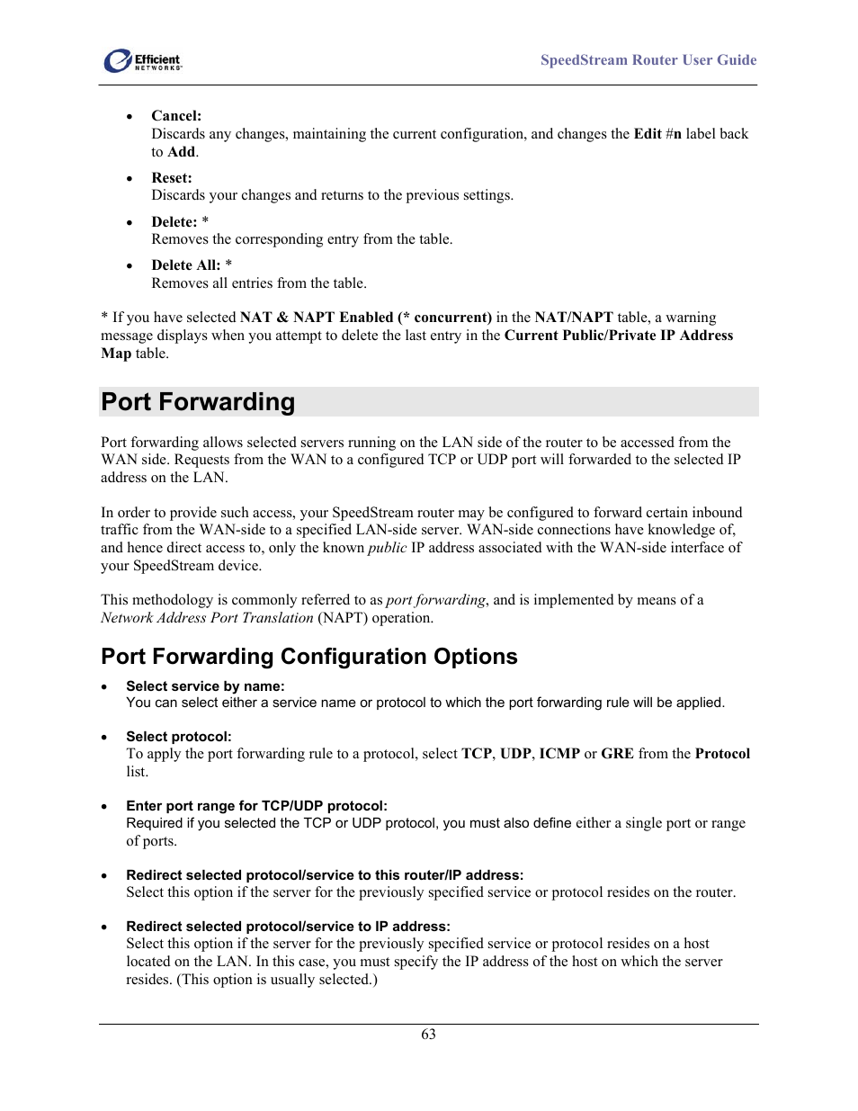 Port forwarding, Port forwarding configuration options | Efficient Networks 5100 User Manual | Page 73 / 129