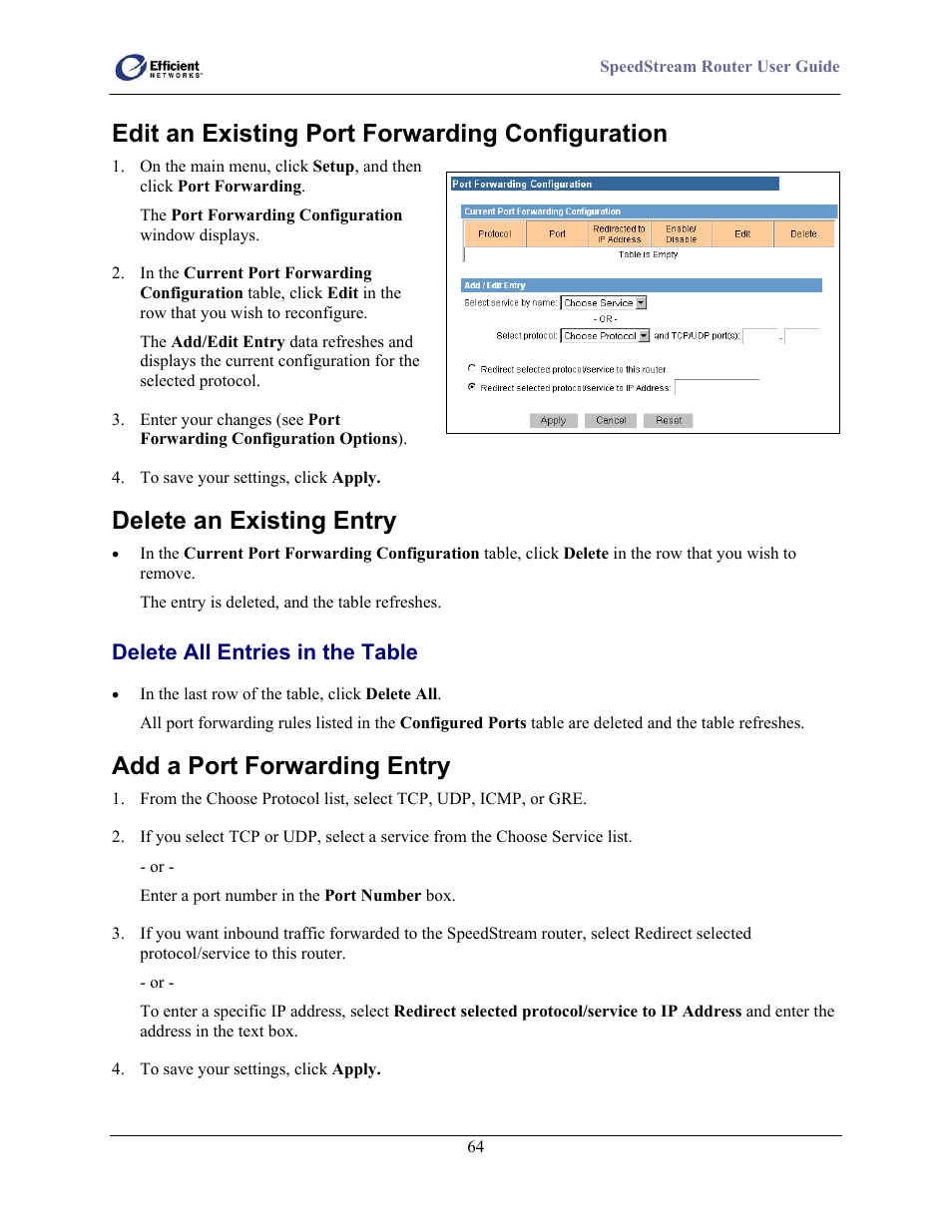 Edit an existing port forwarding configuration, Delete an existing entry, Add a port forwarding entry | Delete all entries in the table | Efficient Networks 5100 User Manual | Page 74 / 129