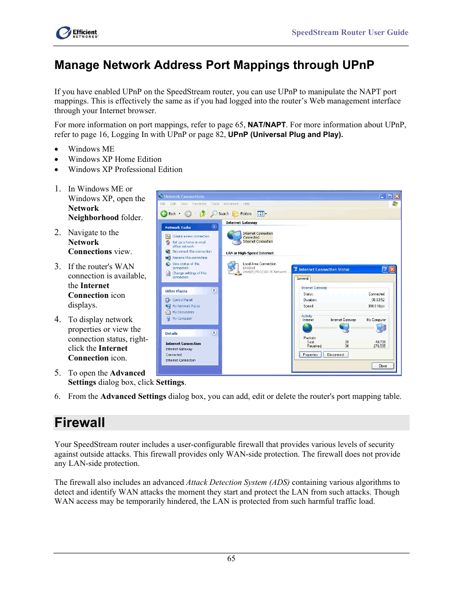 Manage network address port mappings through upnp, Firewall | Efficient Networks 5100 User Manual | Page 75 / 129