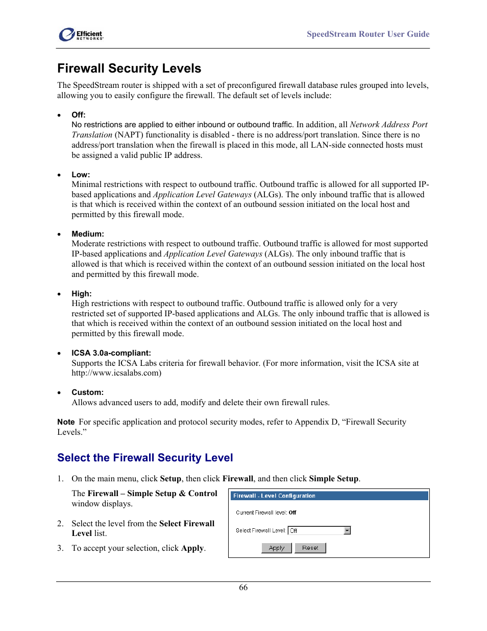 Firewall security levels, Select the firewall security level | Efficient Networks 5100 User Manual | Page 76 / 129