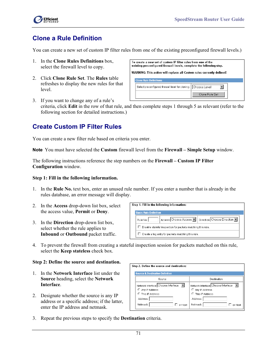Clone a rule definition, Create custom ip filter rules | Efficient Networks 5100 User Manual | Page 81 / 129