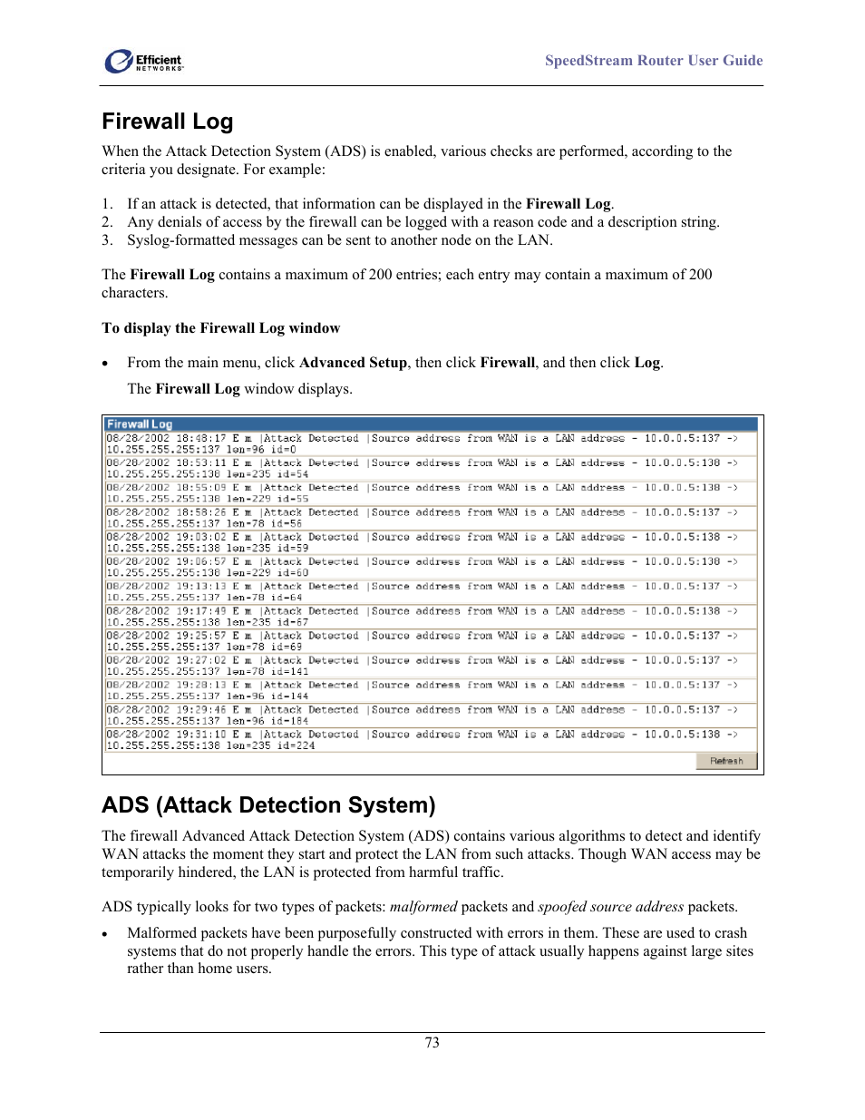 Firewall log, Ads (attack detection system) | Efficient Networks 5100 User Manual | Page 83 / 129