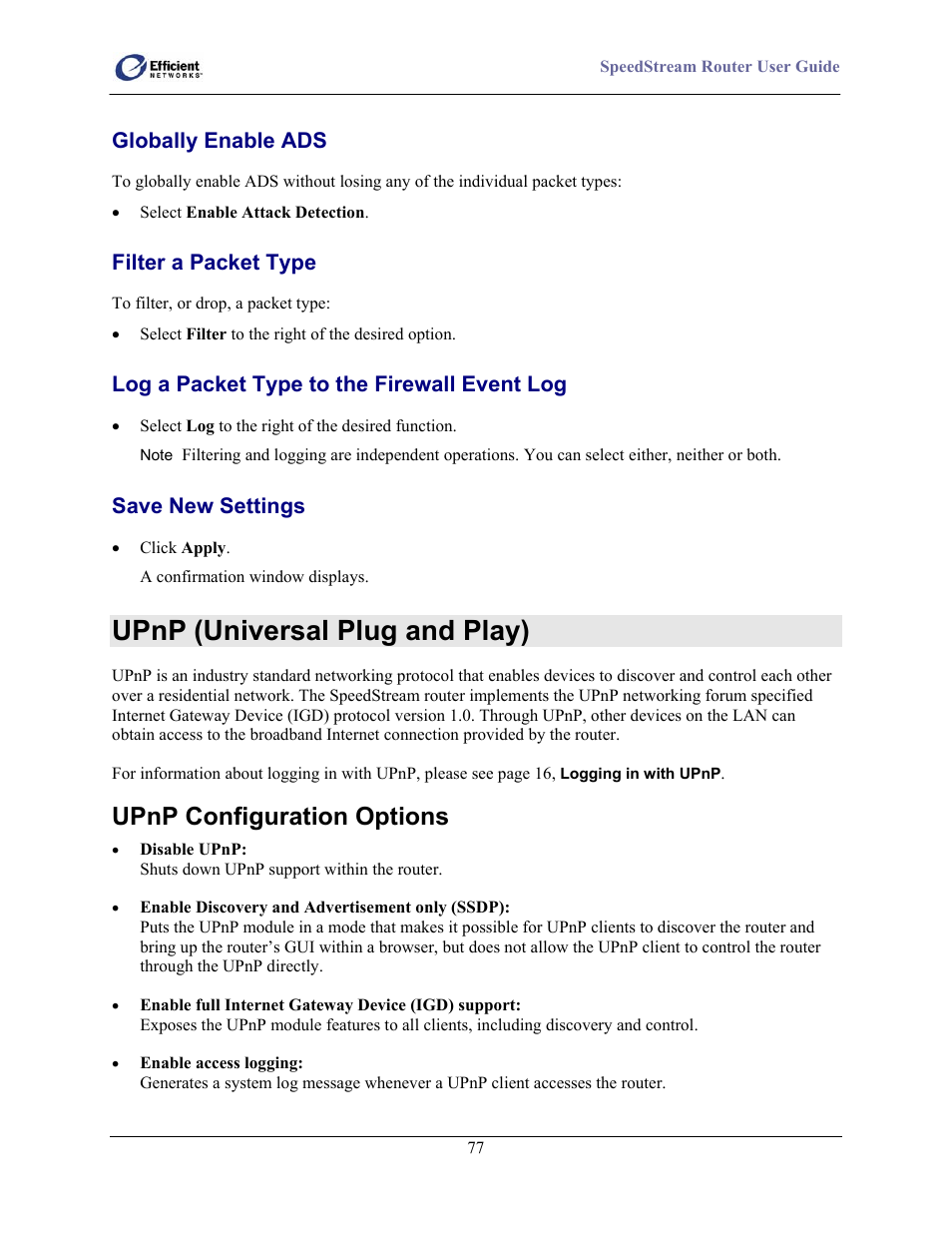 Upnp (universal plug and play), Upnp configuration options | Efficient Networks 5100 User Manual | Page 87 / 129