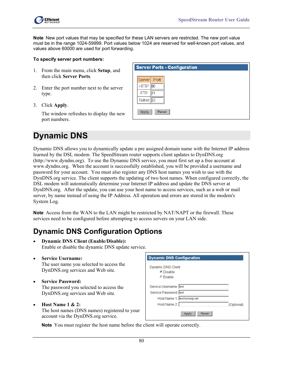 Dynamic dns, Dynamic dns configuration options | Efficient Networks 5100 User Manual | Page 90 / 129