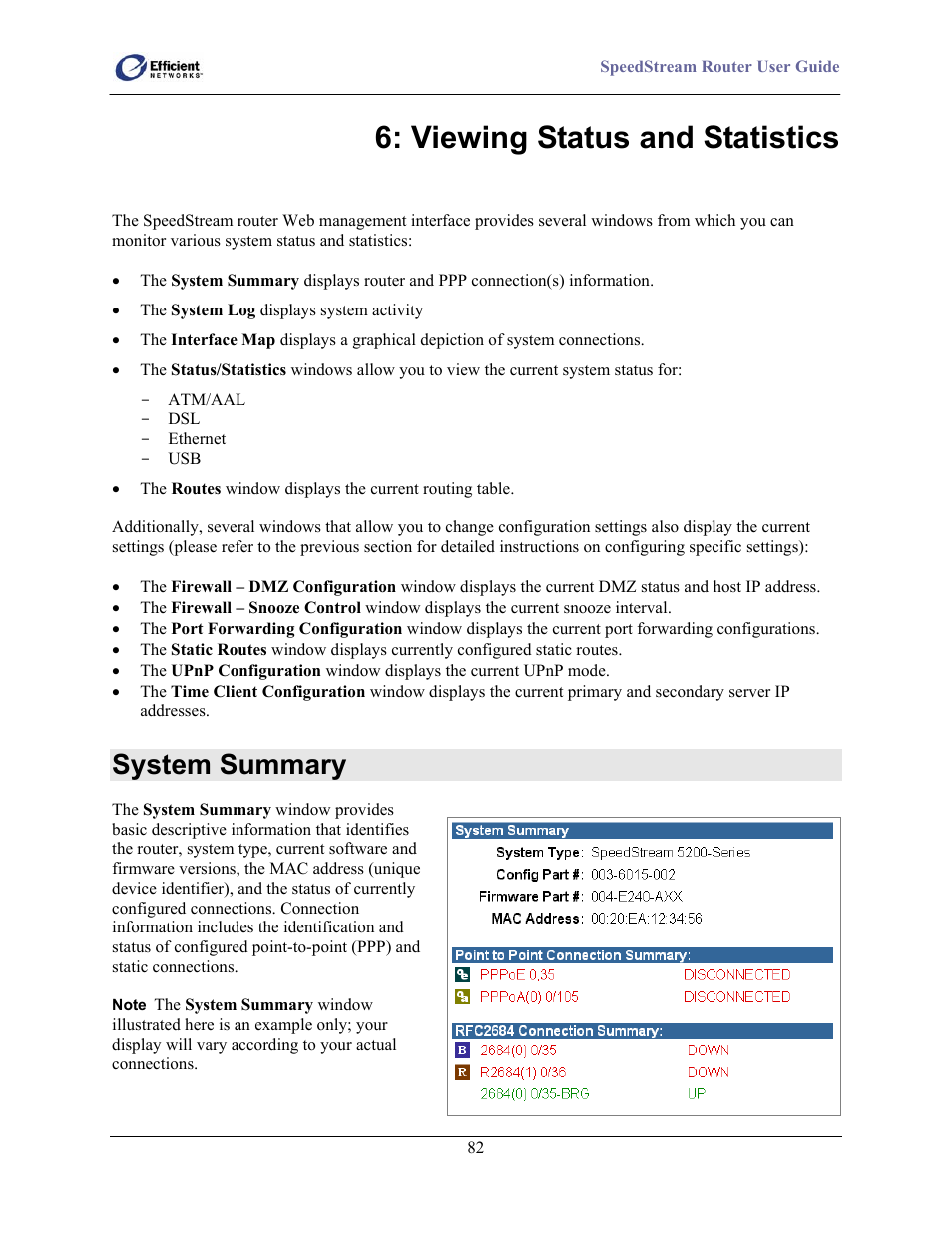 System summary, Viewing status and statistics | Efficient Networks 5100 User Manual | Page 92 / 129