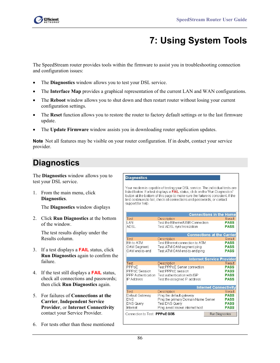 Diagnostics, Using system tools | Efficient Networks 5100 User Manual | Page 96 / 129