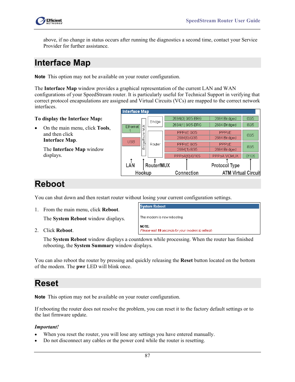 Interface map, Reboot, Reset | Efficient Networks 5100 User Manual | Page 97 / 129