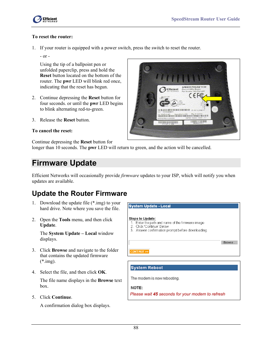 Firmware update, Update the router firmware | Efficient Networks 5100 User Manual | Page 98 / 129