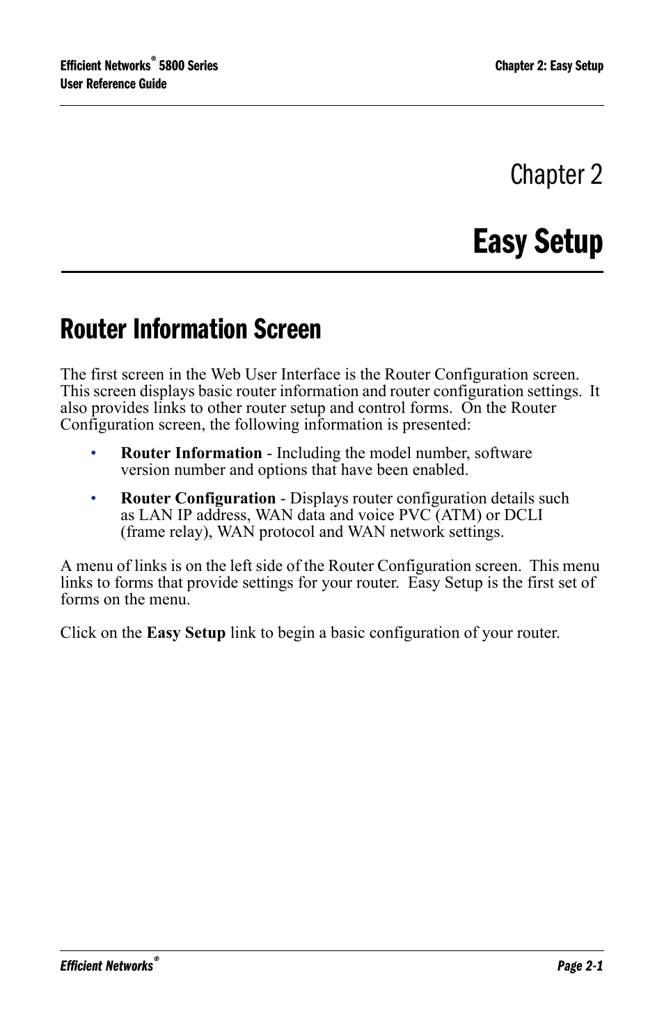 Easy setup, Router information screen, Easy setup -1 | Router information screen -1, Chapter 2 | Efficient Networks 5800 User Manual | Page 15 / 88