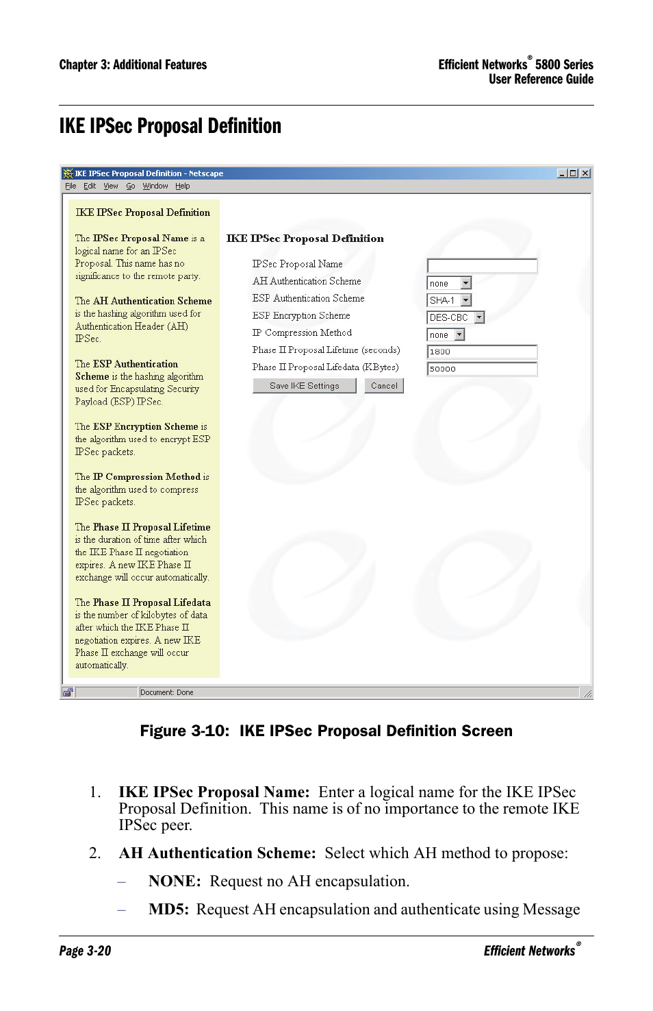 Ike ipsec proposal definition, Ike ipsec proposal definition -20 | Efficient Networks 5800 User Manual | Page 52 / 88