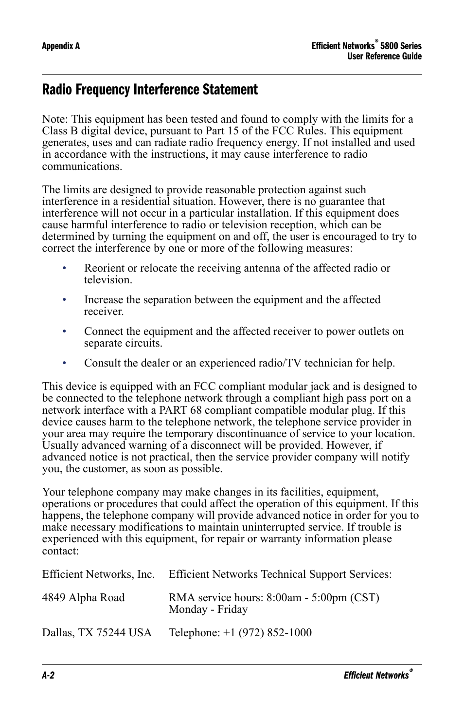 Radio frequency interference statement | Efficient Networks 5800 User Manual | Page 68 / 88