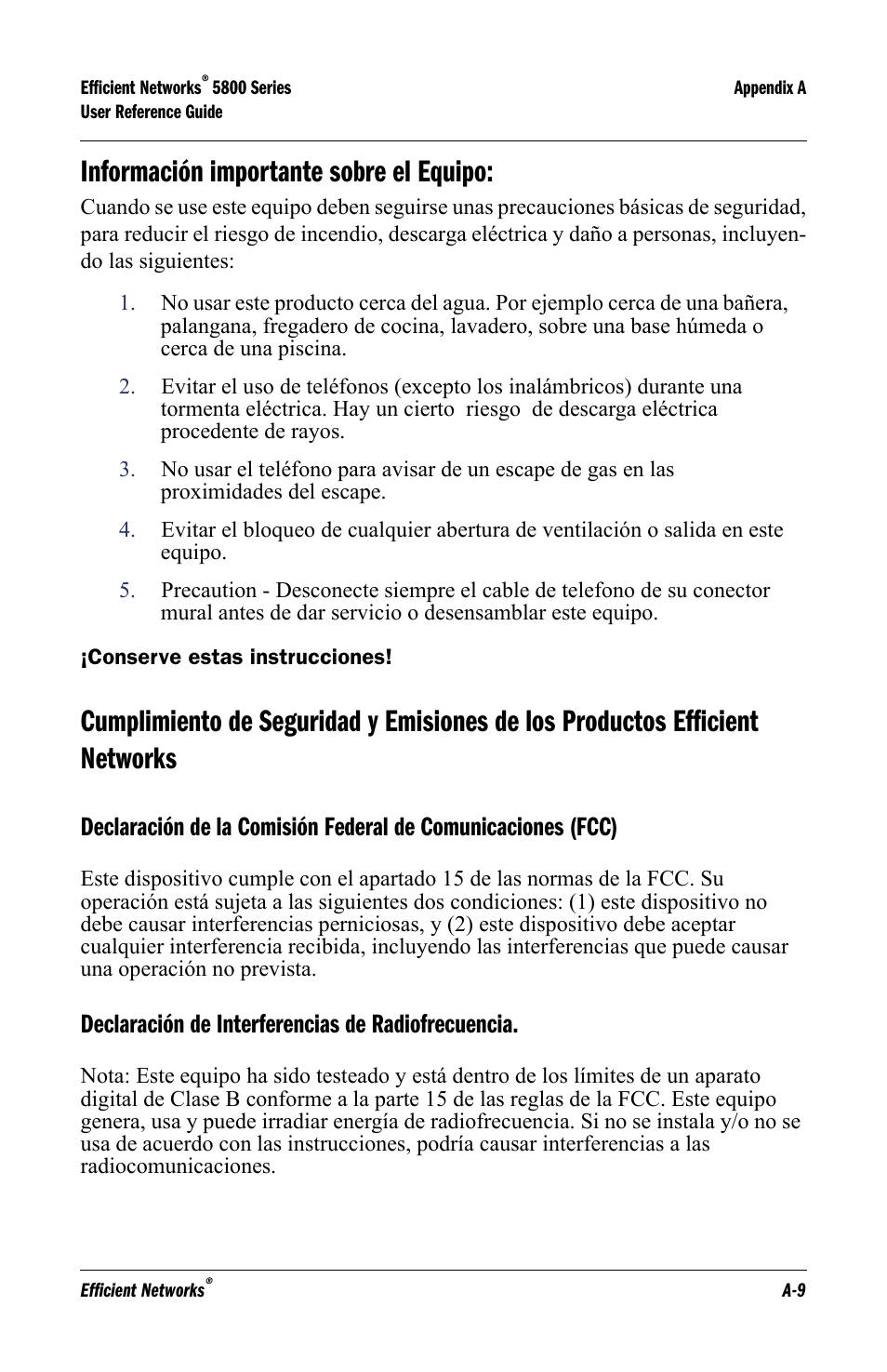 Información importante sobre el equipo, Declaración de interferencias de radiofrecuencia | Efficient Networks 5800 User Manual | Page 75 / 88