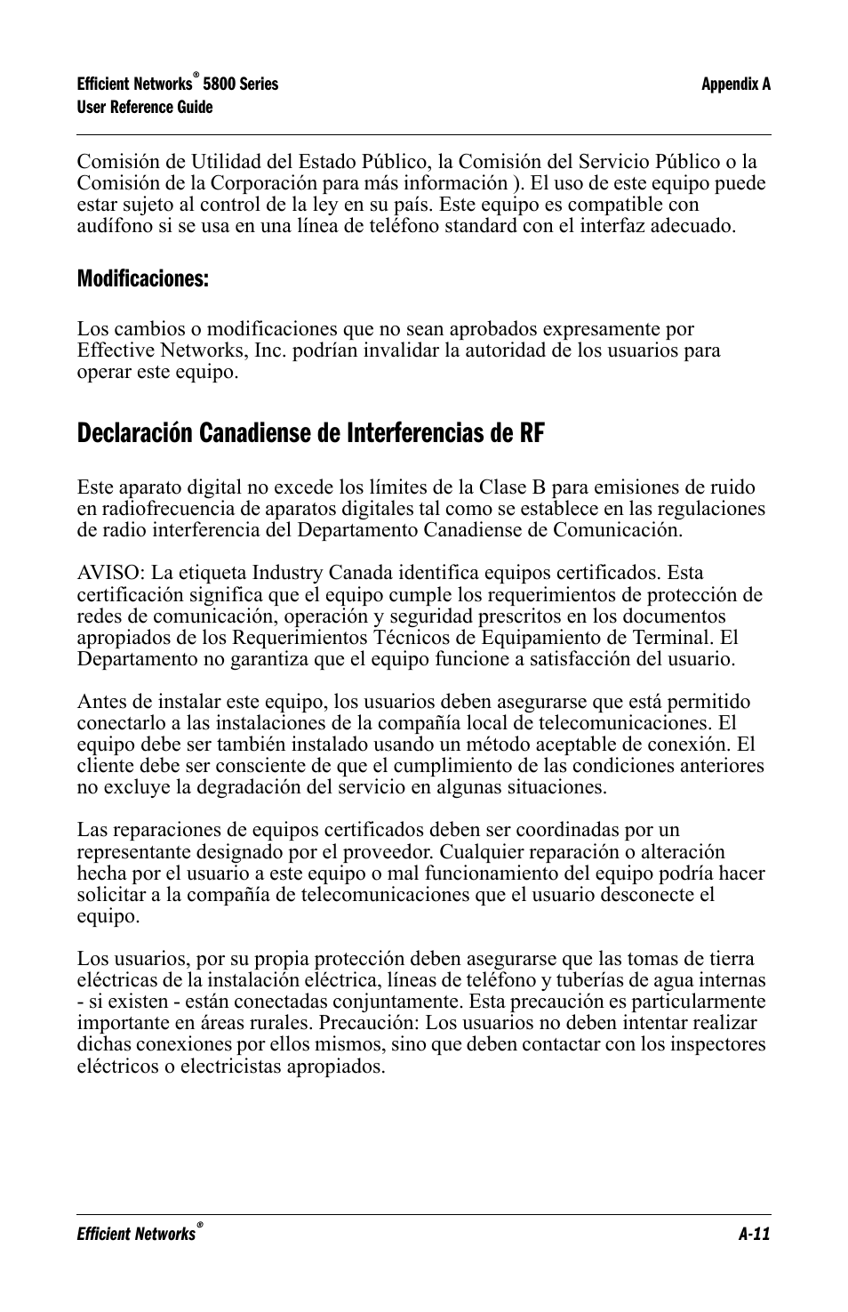 Modificaciones, Declaración canadiense de interferencias de rf | Efficient Networks 5800 User Manual | Page 77 / 88