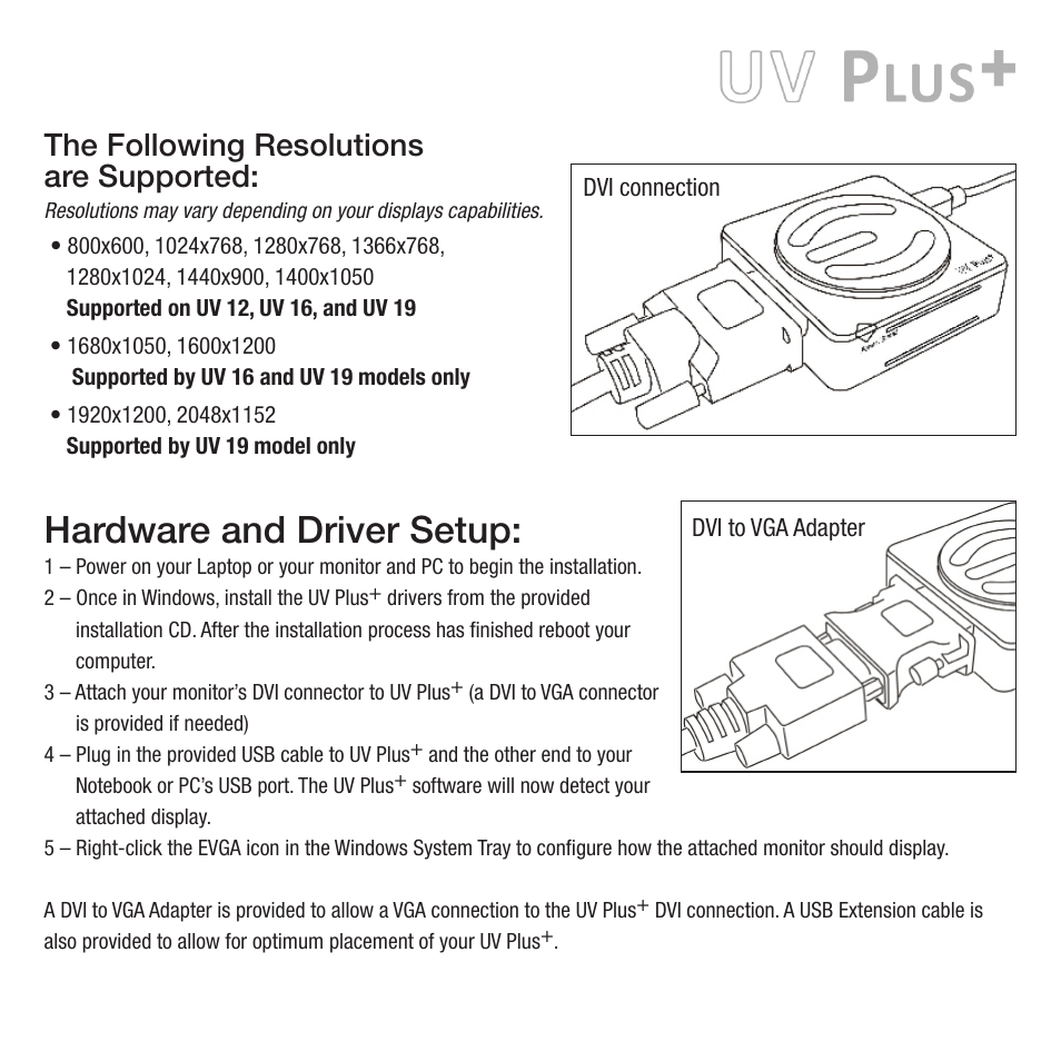 Hardware and driver setup, The following resolutions are supported | EVGA UV Plus+ UV 16 User Manual | Page 3 / 4