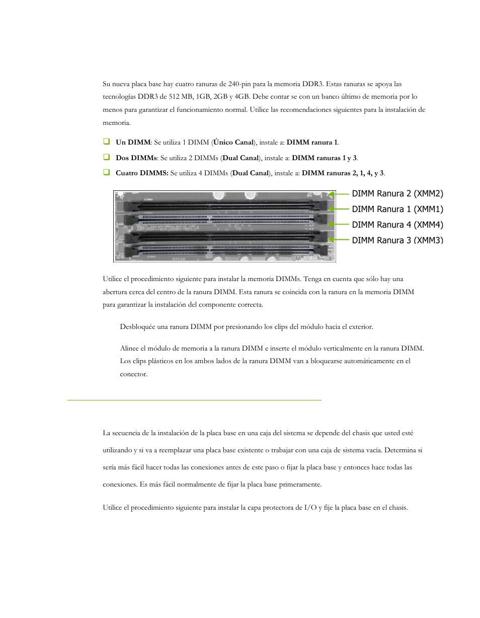 Instalación de memoria de sistema (dimms), Instalación de placa base | EVGA P55 Micro V User Manual | Page 24 / 77