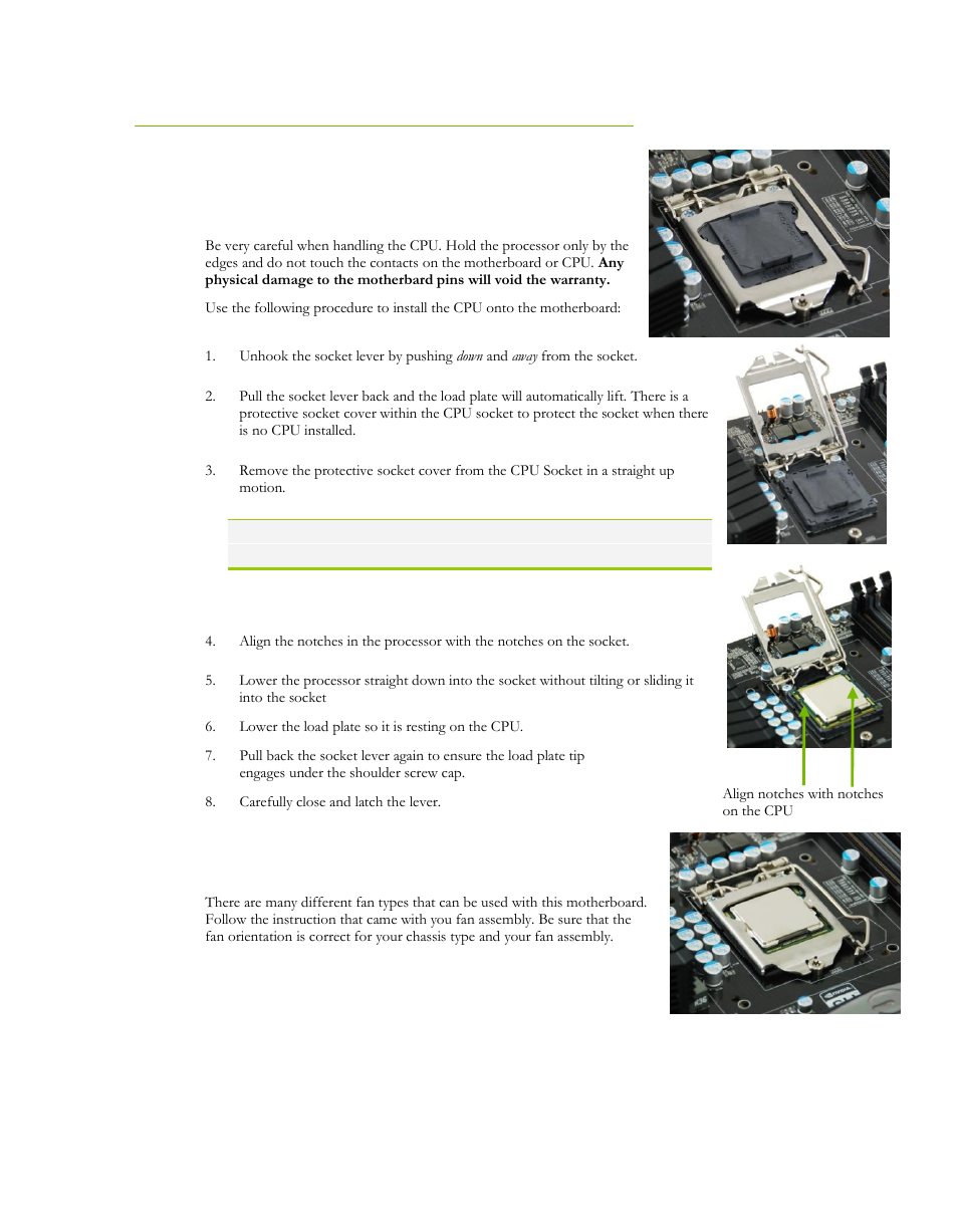 Preparing the motherboard, Installing the cpu, Installing the cpu fan | Preparing the motherboard installing the cpu | EVGA P55 Micro V User Manual | Page 3 / 77