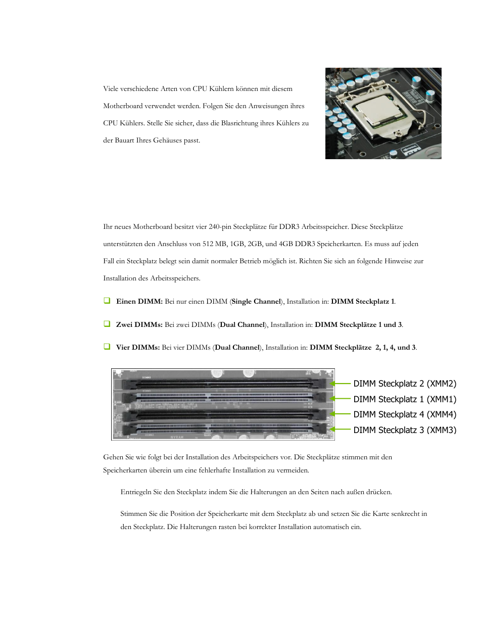 Installation des cpu kühlers, Installation des arbeitsspeichers (dimms) | EVGA P55 Micro V User Manual | Page 35 / 77