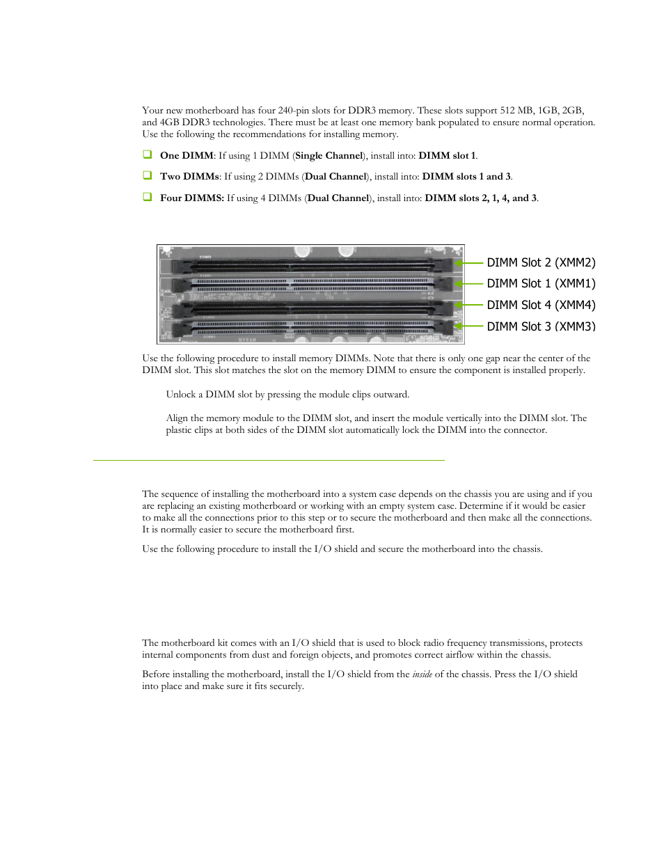 Installing system memory (dimms), Installing the motherboard, Installing the i/o shield | EVGA P55 Micro V User Manual | Page 4 / 77