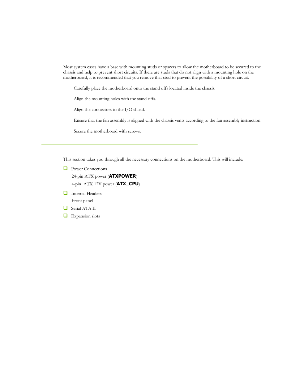 Securing the motherboard into a system case, Connecting cables | EVGA P55 Micro V User Manual | Page 5 / 77