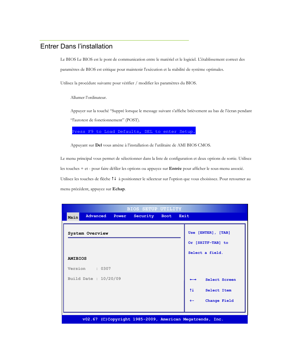 Entrer dans l’installation bios | EVGA P55 Micro V User Manual | Page 53 / 77