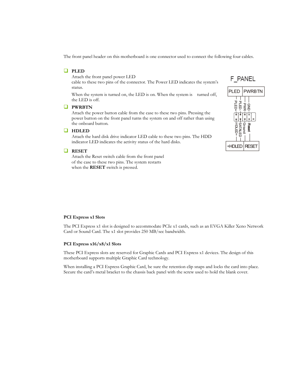 Front panel header (f_panel), Expansion slots, Pci express x1 slots | Pci express x16/x8/x1 slots | EVGA P55 Micro V User Manual | Page 7 / 77