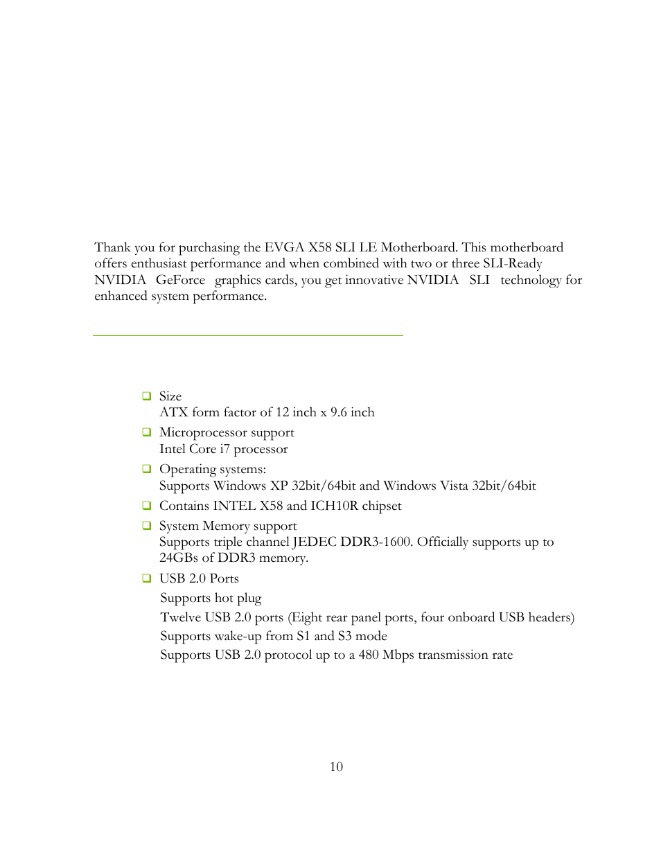 Evga x58 sli le motherboard, Motherboard specifications | EVGA 141-BL-E757 User Manual | Page 10 / 76