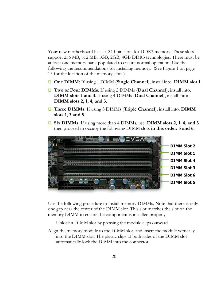 Installing system memory (dimms) | EVGA 141-BL-E757 User Manual | Page 20 / 76