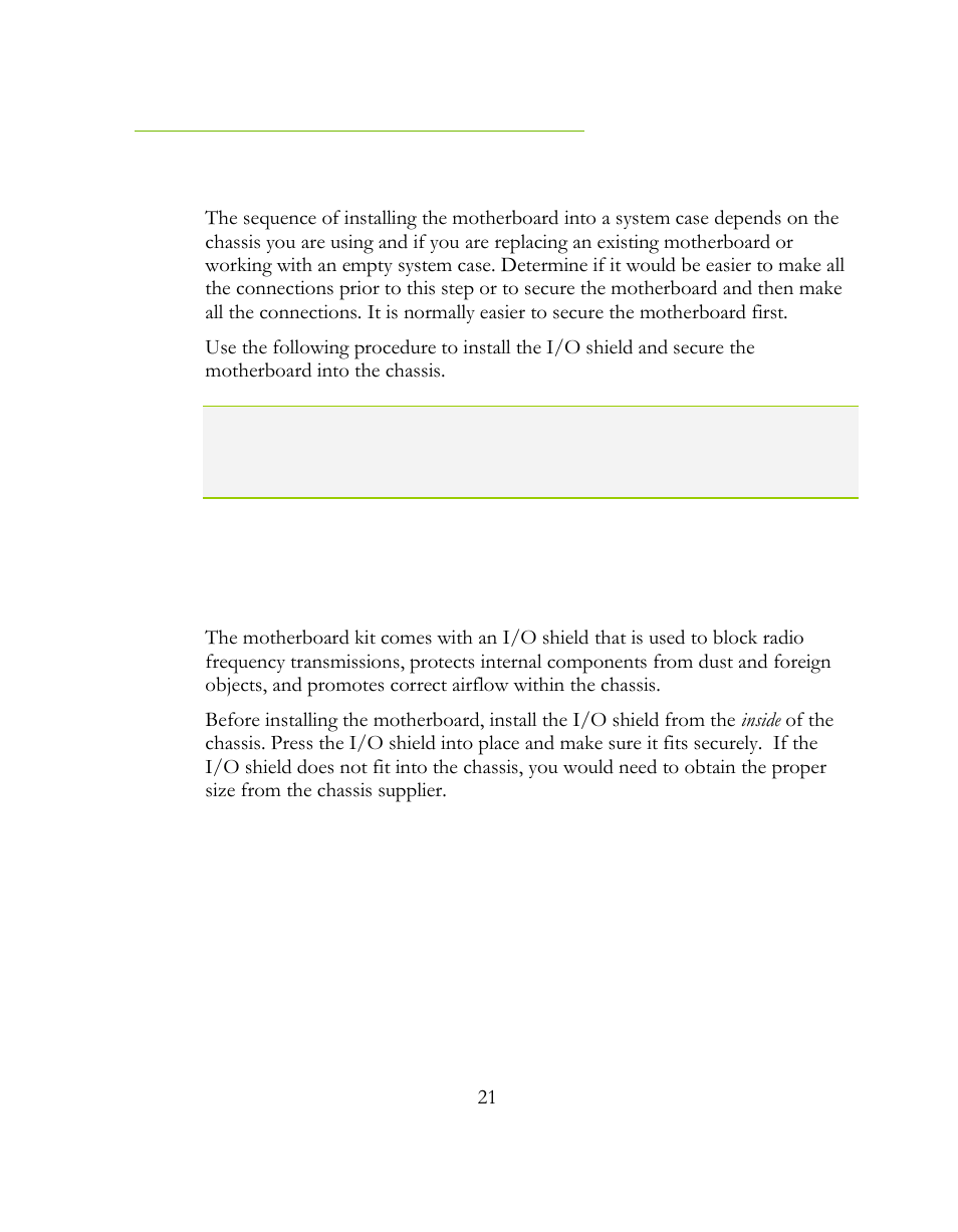 Installing the motherboard, Installing the i/o shield | EVGA 141-BL-E757 User Manual | Page 21 / 76