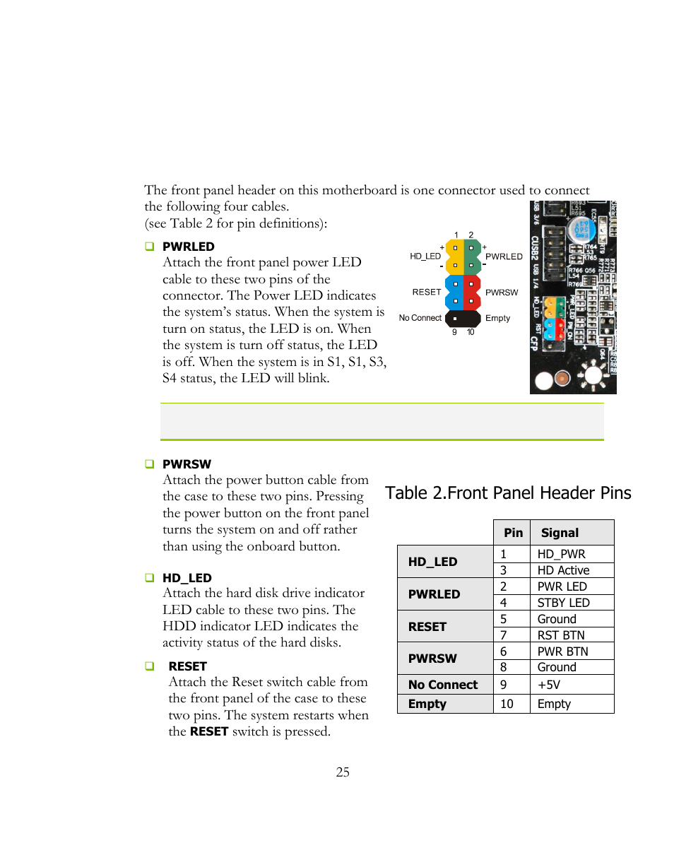 Connecting internal headers, Front panel header, Table 2.front panel header pins | EVGA 141-BL-E757 User Manual | Page 25 / 76